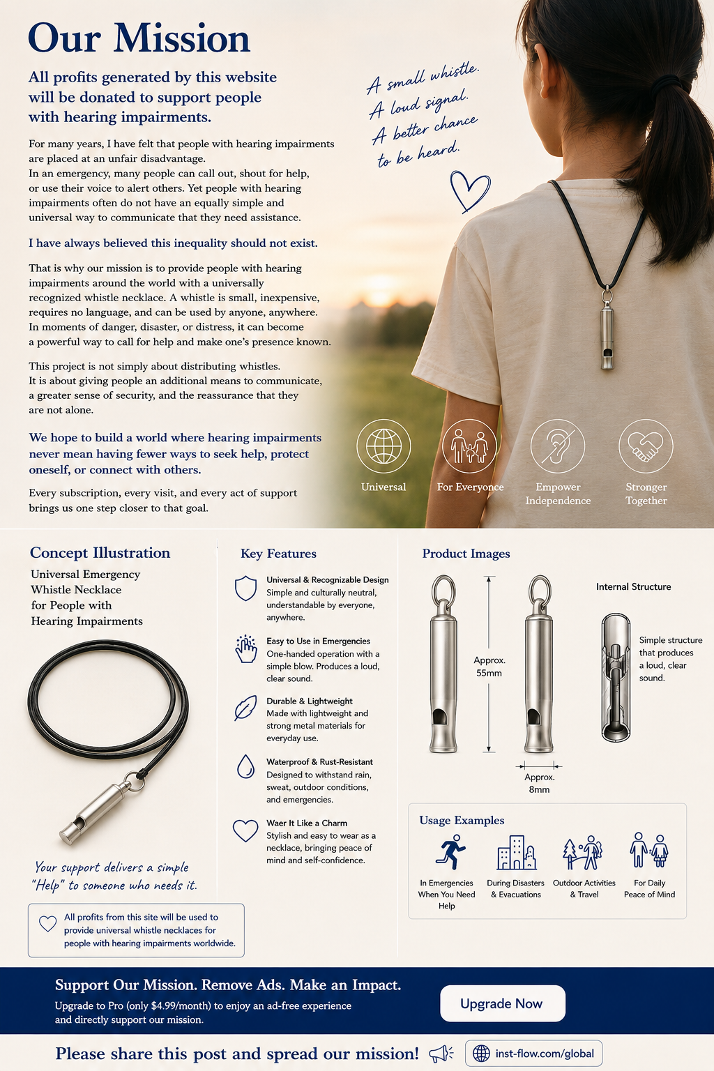 Emergency whistle necklace supporting people with hearing disabilities
